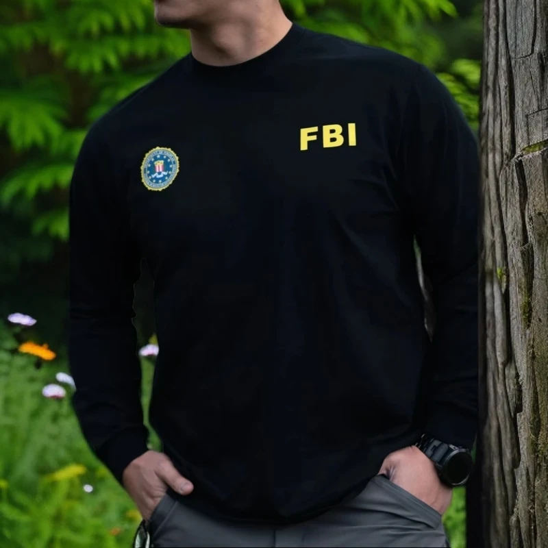 “FBI长袖”秋冬新款轻奢时尚运动长袖T恤男士重磅纯棉圆领休闲上衣