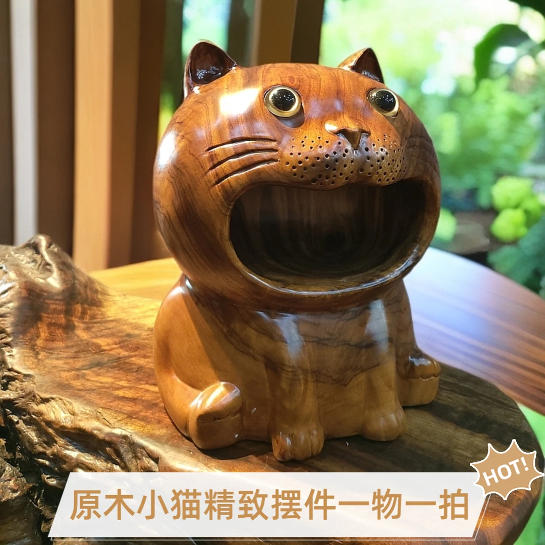 原木实木香樟木小猫摆件置物摆件一物一拍