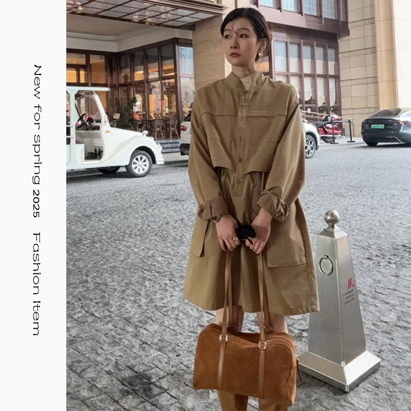 【春上新】工装连衣裙宽松显瘦百搭裙子时尚韩版气质收腰中长裙