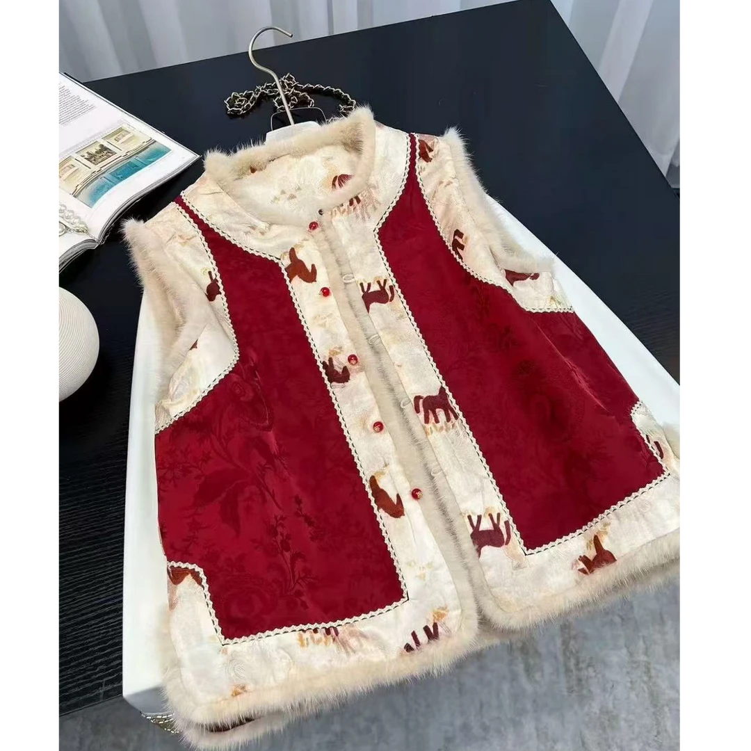 【锦马踏雪】2025秋冬季新款中国风百搭加绒加厚水貂毛复古锦绣马甲