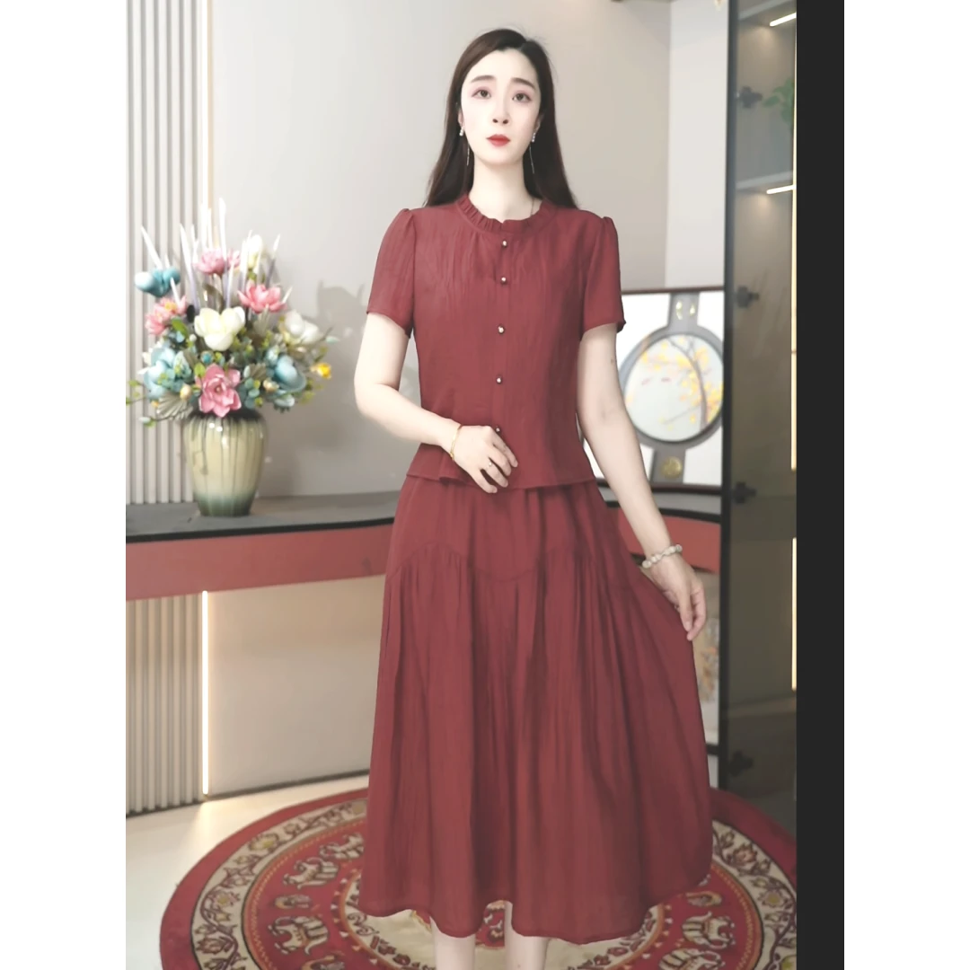 2531夏新款显瘦短袖连衣裙时尚洋气减龄遮肉修身气质中长款A字裙