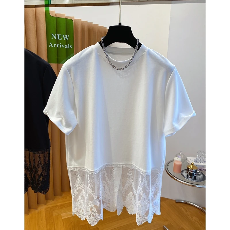欧洲站下摆蕾丝拼接t恤女短袖2025春夏新款宽松洋气时髦内搭上衣