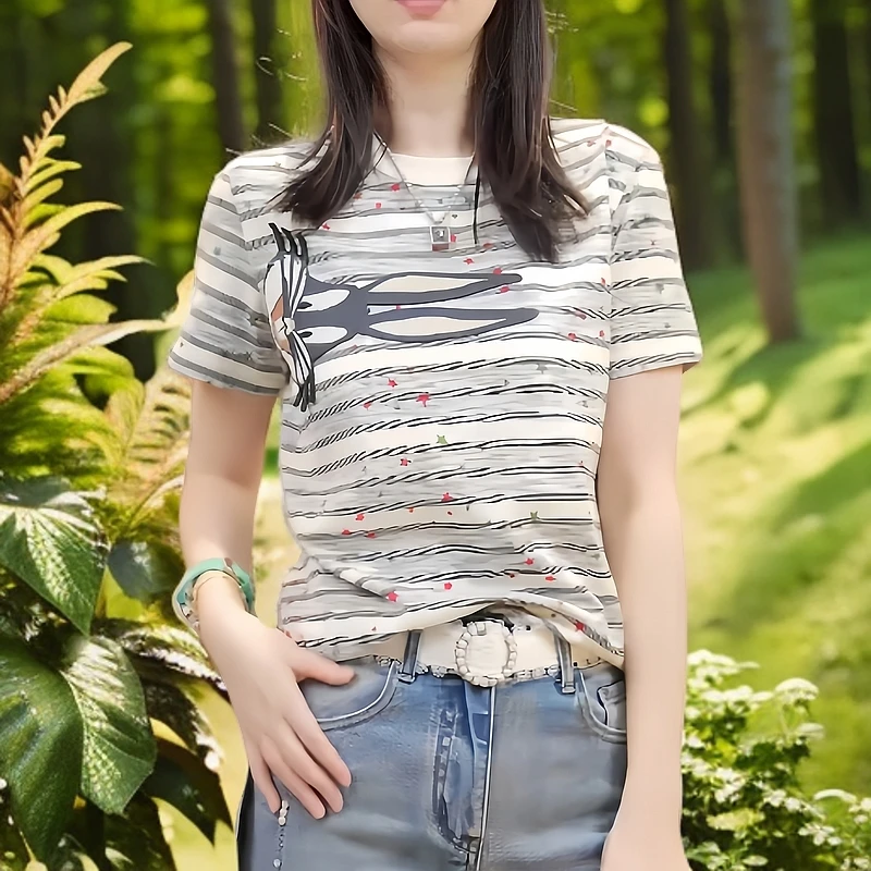 2025春夏新款创意条纹短袖T恤女显瘦洋气衣服女百搭打底衫女内搭