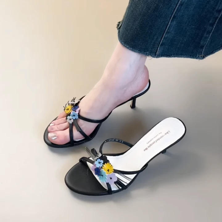 Pokoy-7cm法式复古方头一字带凉拖鞋新款百搭粗跟露趾凉鞋