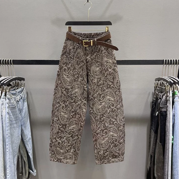 美式复古提花牛仔裤女2025秋季新款高腰宽松休闲阔腿弯刀裤香蕉裤