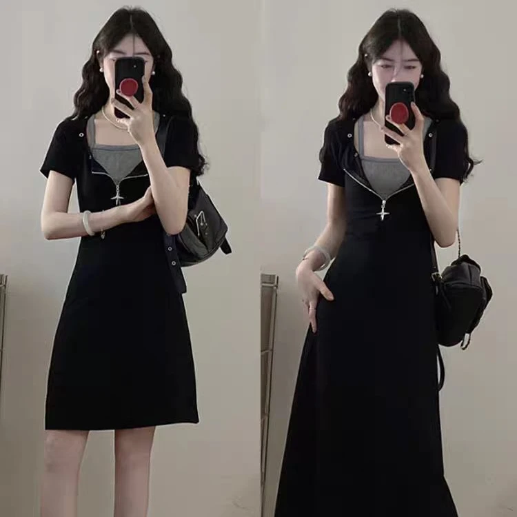 （80-200斤）假两件设计感甜酷黑色连衣裙夏季大码胖mm显瘦裙子1894