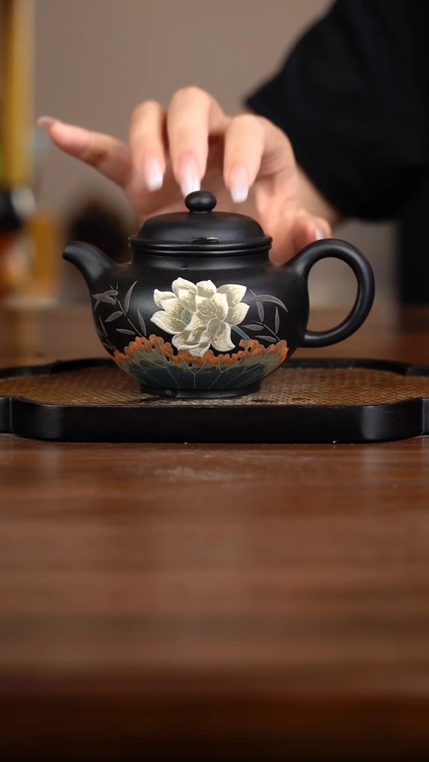 茶杯紫砂宜兴原矿紫砂茶具大红袍捂灰手工堆绘荷花掇只壶YST