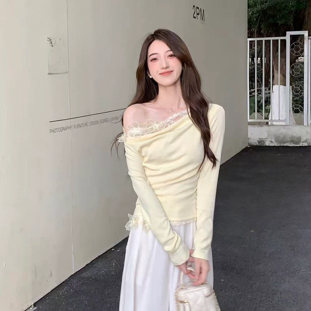 时尚拼接蕾丝花朵气质百搭小衫韩系浅色简约压褶百搭阔腿休闲裤