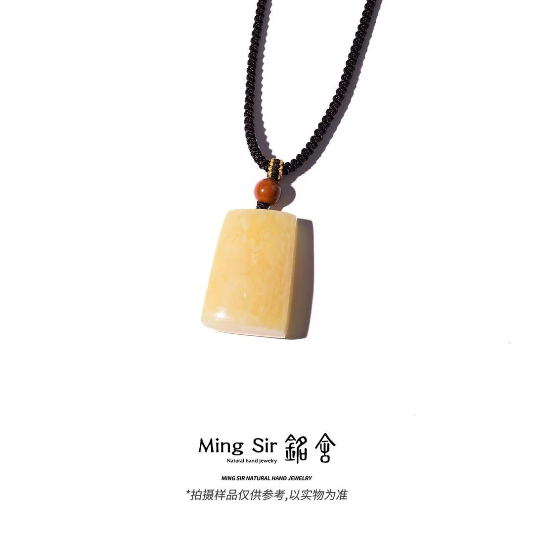 【铭舍 方牌糯白微瑕】天然俄料琥珀蜜蜡无事牌吊坠大克重颈饰珠宝