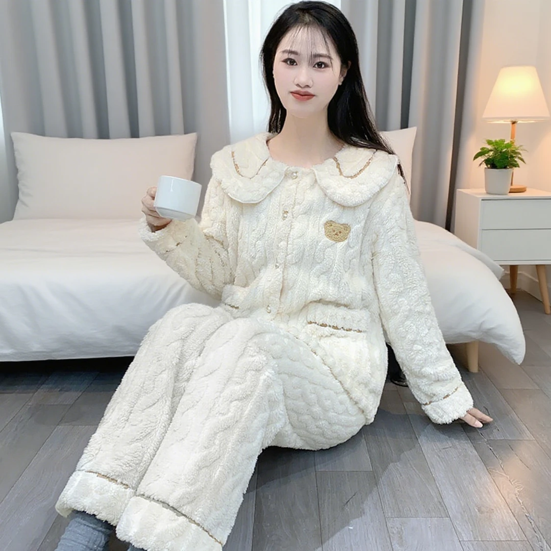 2025新款睡衣女法兰绒秋冬季加厚翻领开衫可外穿冬家居服套装Y91