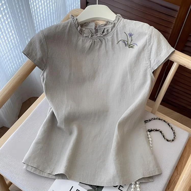 新中式2025夏季新款复古砂洗亚麻上衣大码女木耳边洋气早秋小衫