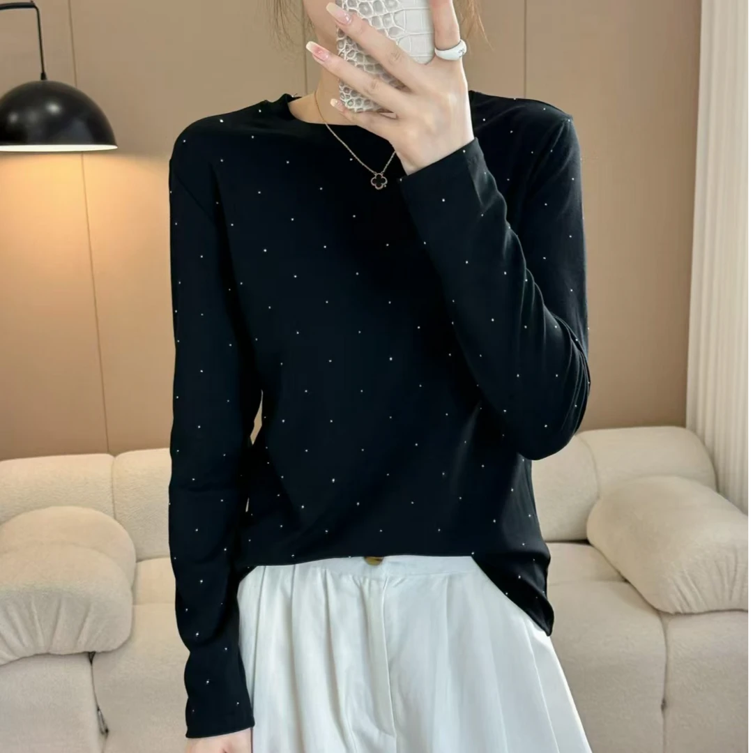 烫钻长袖T恤春秋内塔洋气别致打底衫时尚百塔