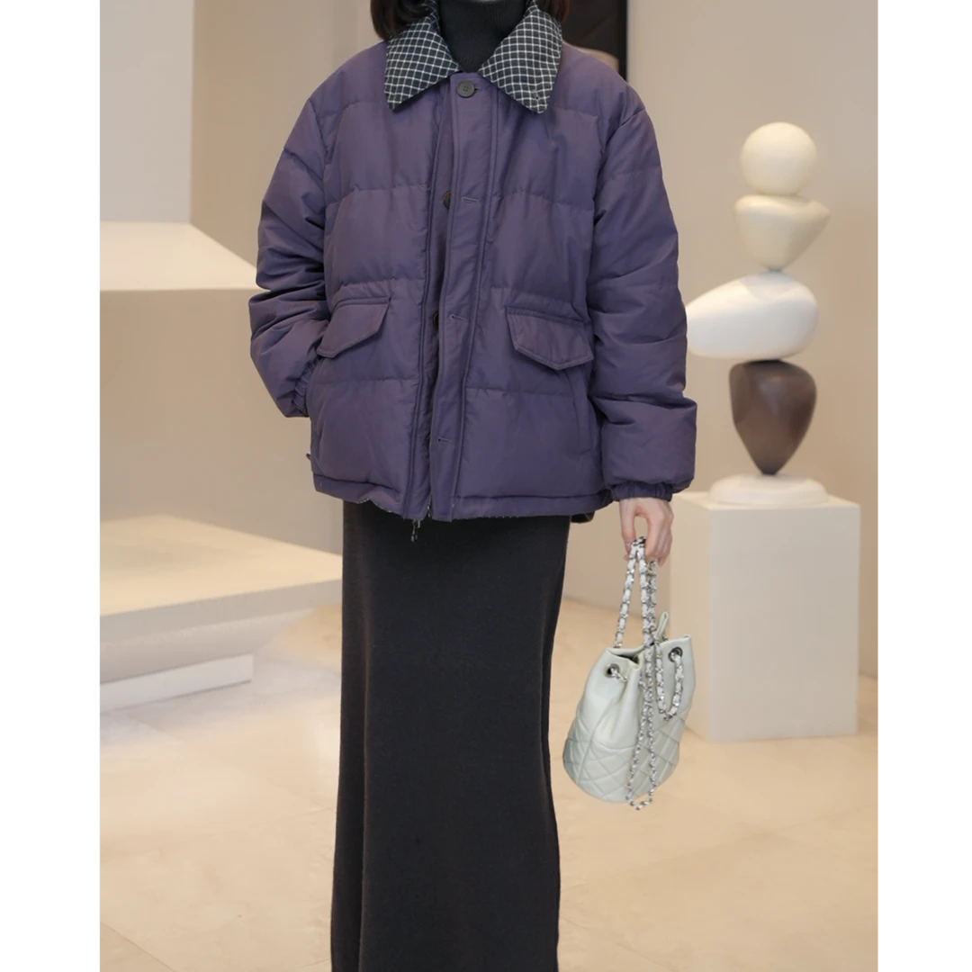 现货【薇薇绮】设计感小众翻领格子两面穿时尚保暖羽绒外套W849