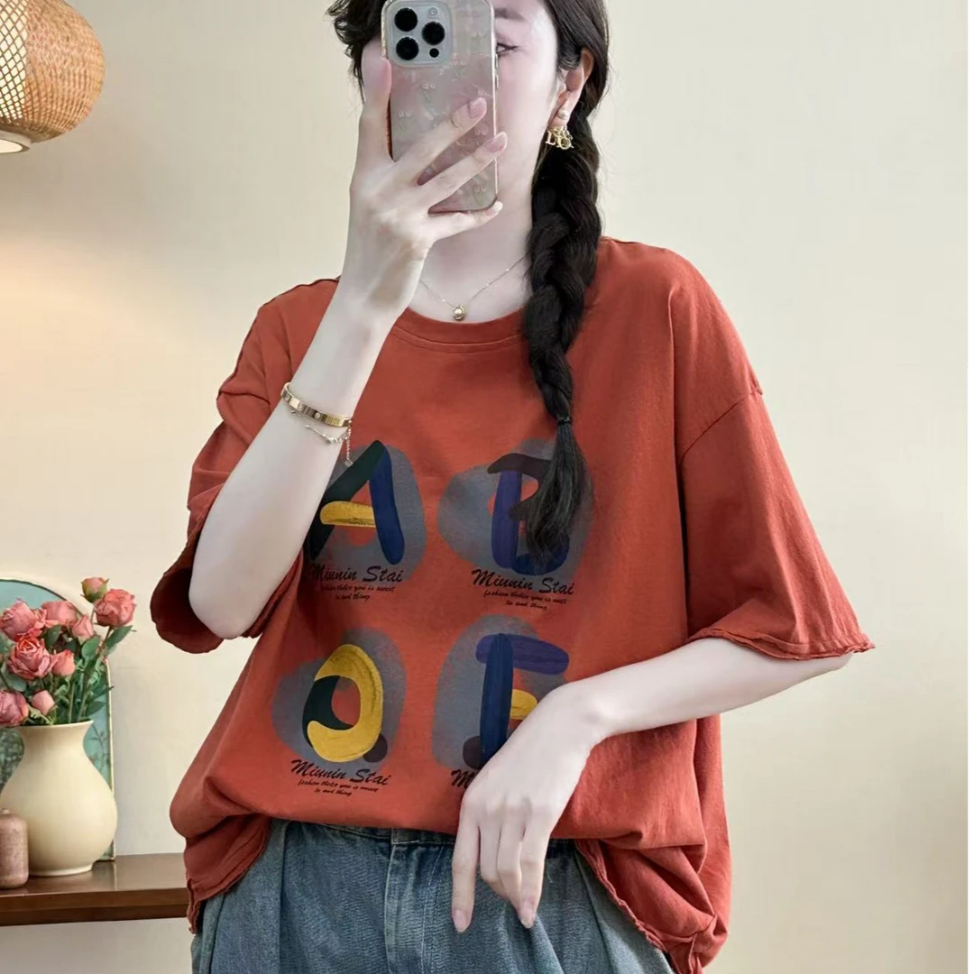 洋气显瘦圆领短袖韩版显瘦印花短袖T恤时尚印花百搭