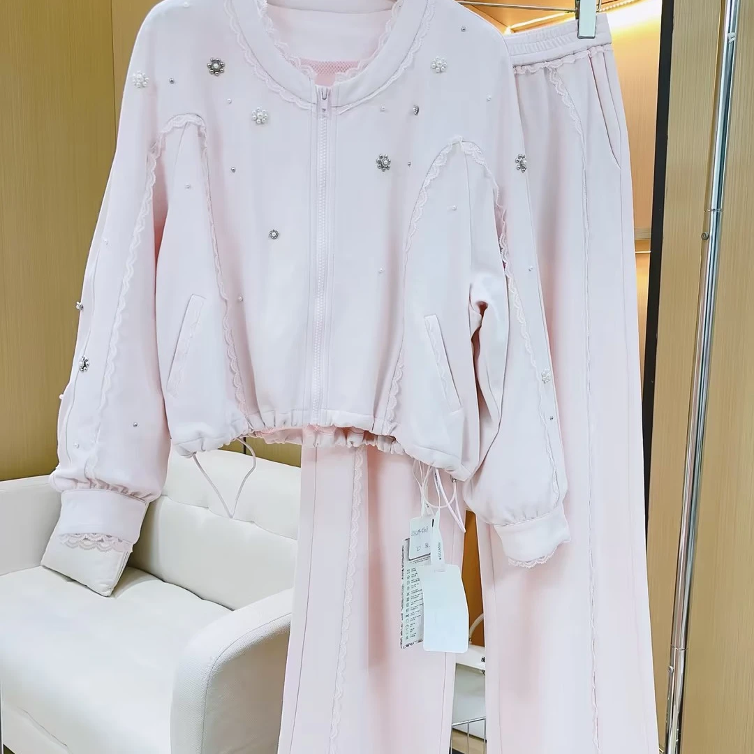 丨秋冬新款粉色圆领拉链时尚外套长款套装 5908