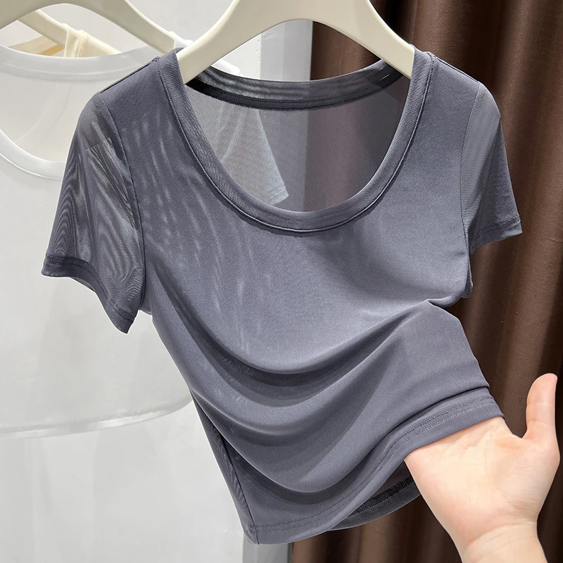 灰色气质圆领套头打底衫夏季薄款透视网纱上衣女外穿短袖修身T恤
