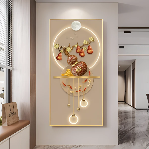 【福气临门】五福临门葫芦九鱼走廊过道入户玄关画晶瓷画镶钻带灯画