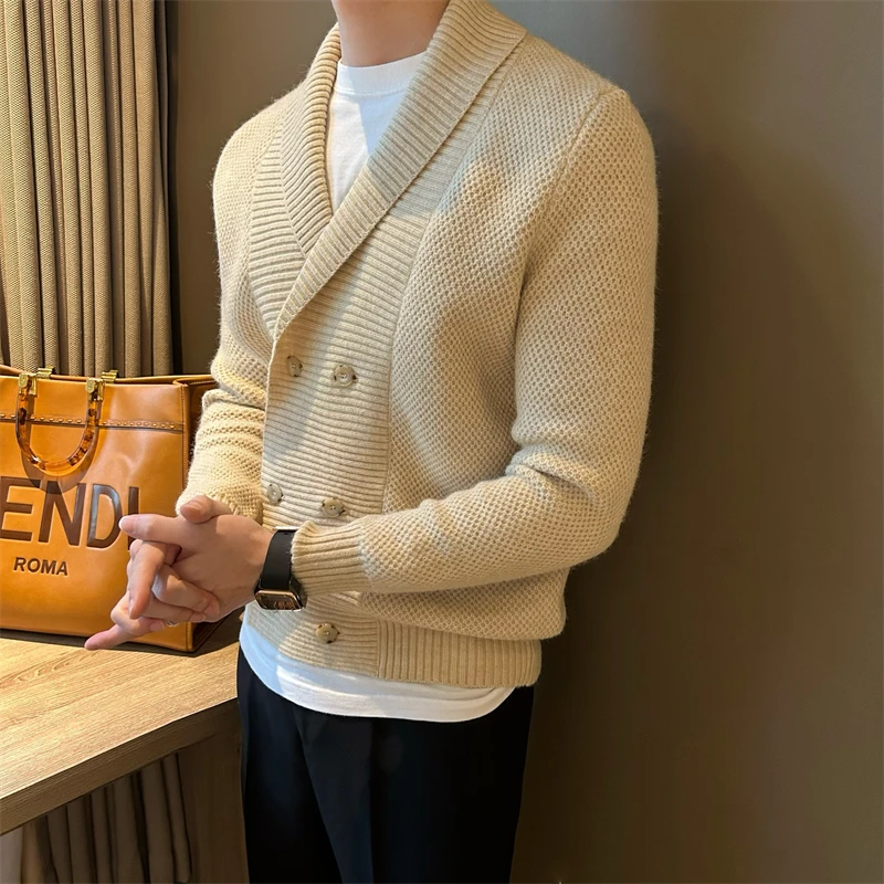迪诺库克斯重磅男士青果领双排扣针织外套毛衣保暖秋冬季复古开衫
