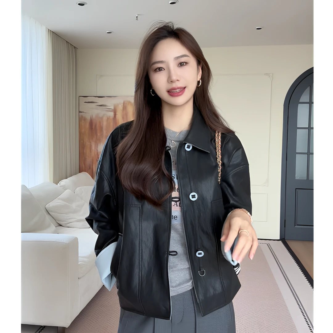 【余欢欢】秋季百搭休闲时尚拼色翻领小皮衣-YHW50791