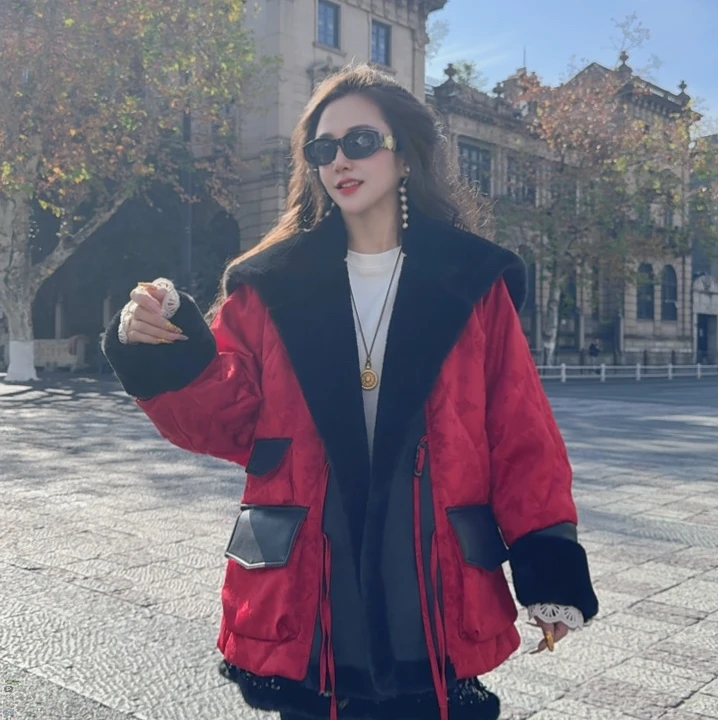 【爆品定制】冬季新中式国风撞色洋气毛绒拼接领口羽绒服ALS-8884