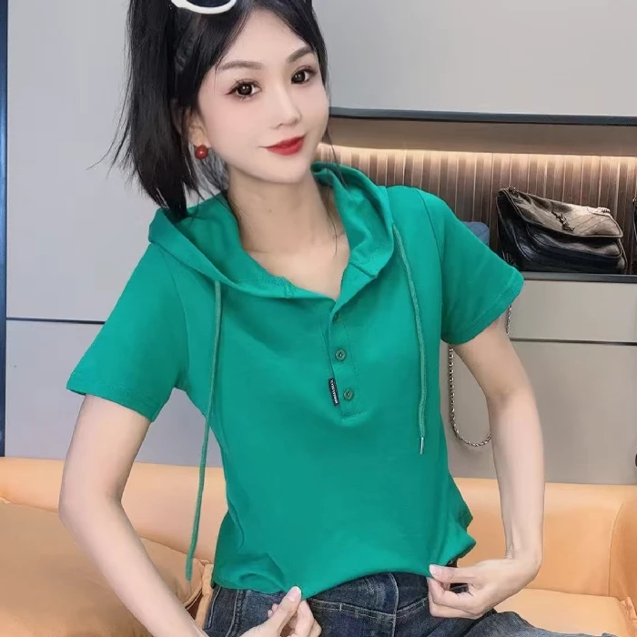 2319#洋气时尚短袖帽衫(衣长57cm左右)