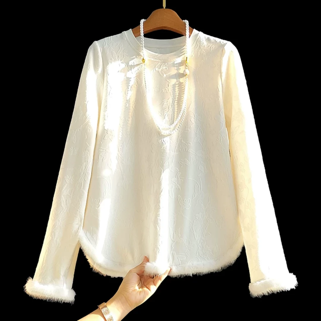 百搭圆领加绒提花打底衬衫女秋冬新款新中式国风内搭上衣复古衬衫