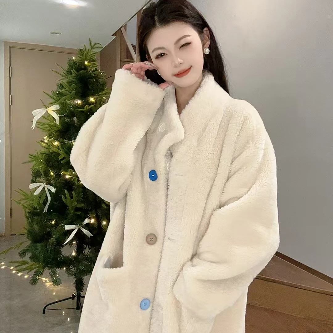 个性彩扣皮毛一体名媛气质保暖毛毛大衣加厚外套女