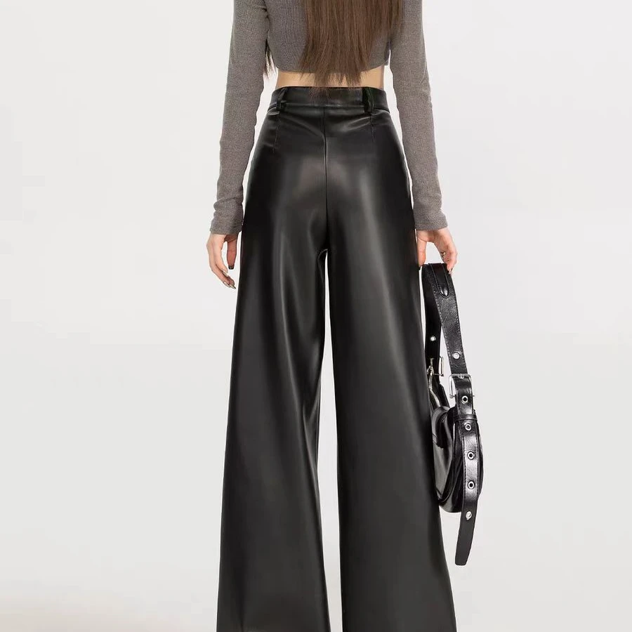 H25黑色皮裤女秋冬2024新款小个子PU皮高腰直筒阔腿裤子春秋