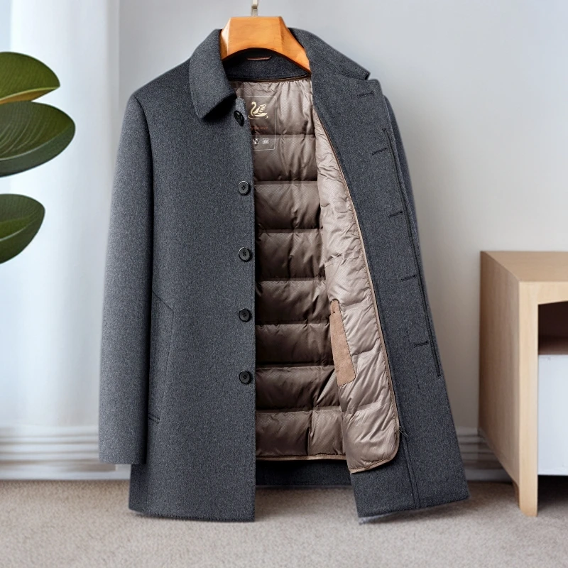 冬季翻领毛呢大衣男士可拆内胆羽绒中长款大衣双面羊绒外套爸爸装