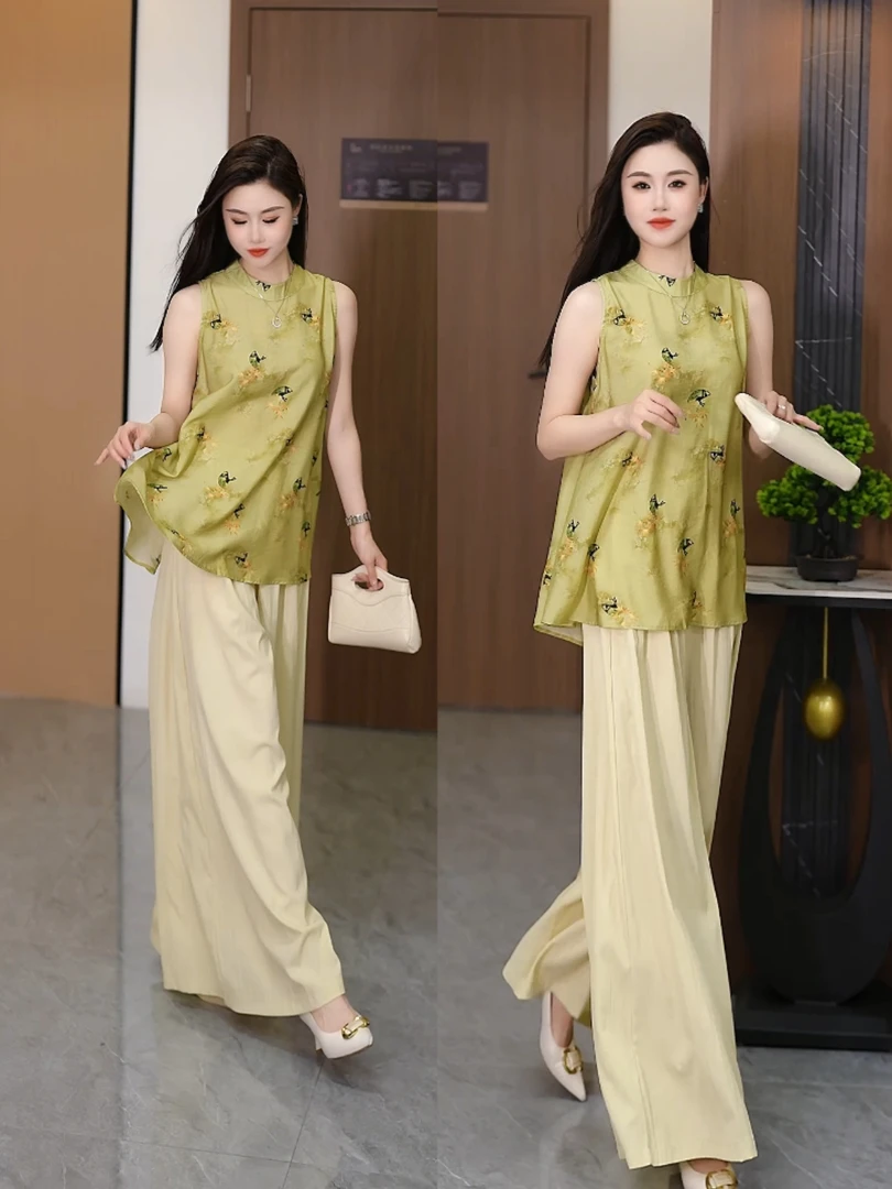 新中式风印花无袖背心套装女2025夏新款宽松休闲阔腿裤两件套