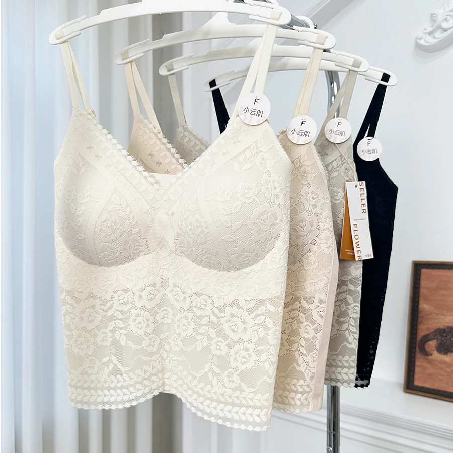 夏季女款带胸垫背心蕾丝吊带内衣一体透气聚拢法式打底内搭薄美背