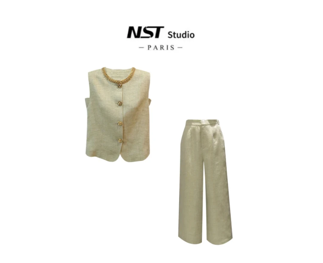 【胖鱼A】夏季新款简约轻奢时尚套装女上衣+长裤俩件套