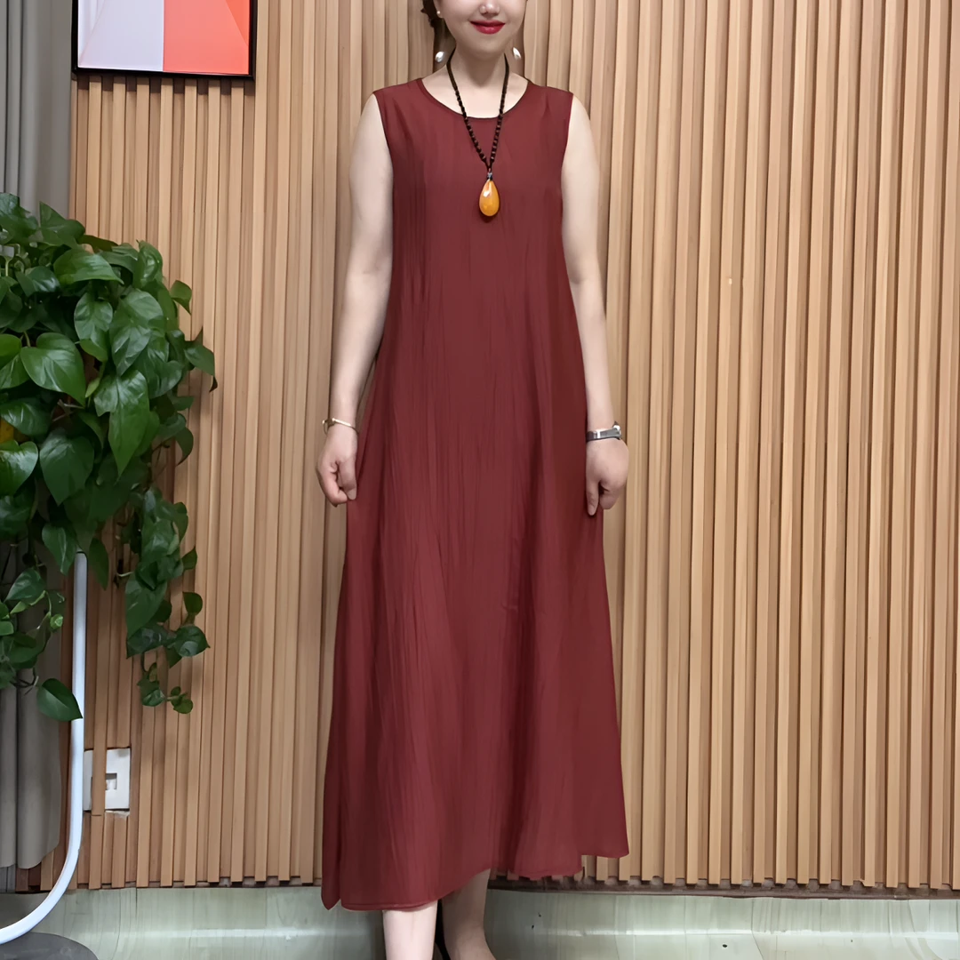 5826【娟耀】通勤大摆裙夏季圆领无袖中长款显瘦遮肉夏装大码无袖裙