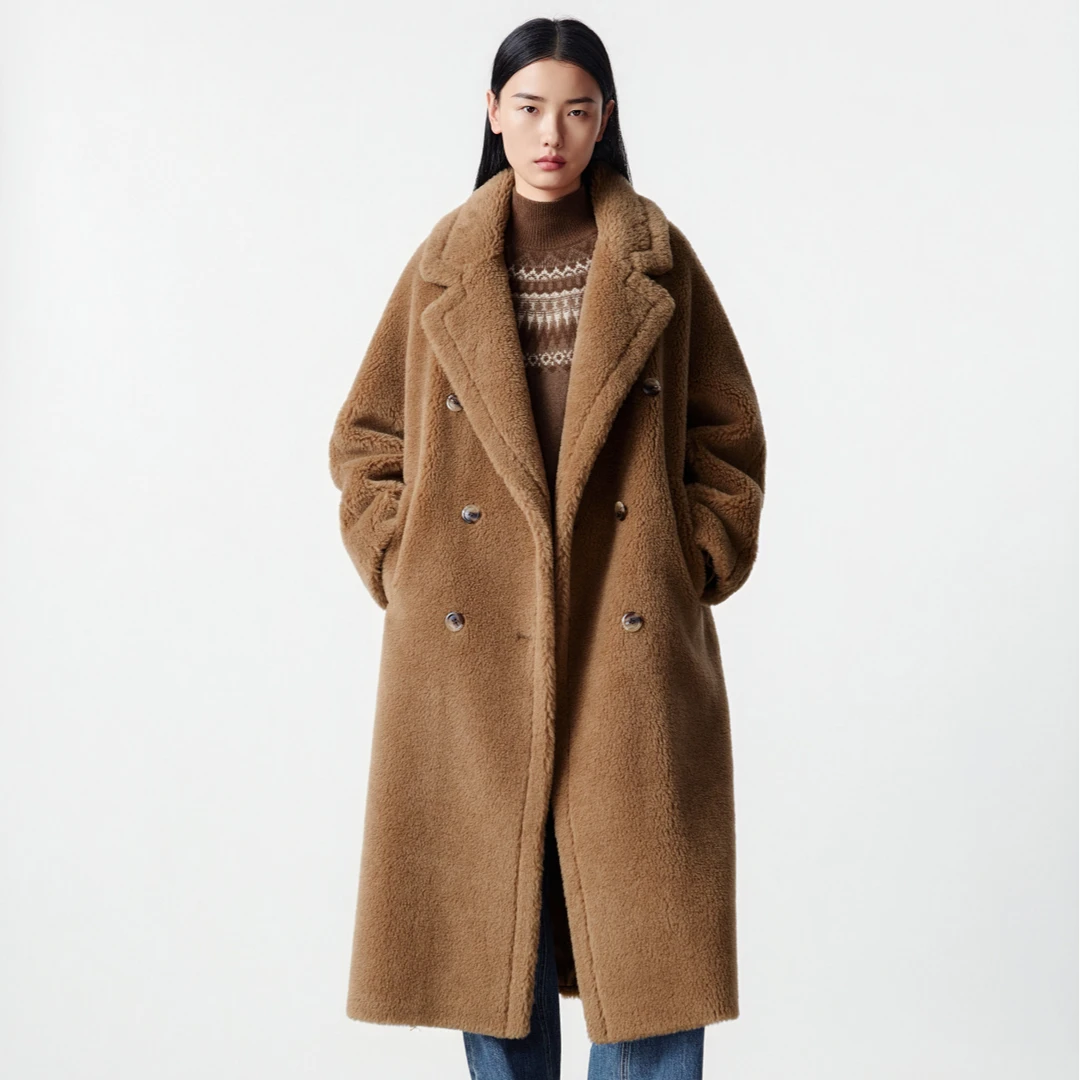 LANCY/朗姿冬季新款双排扣休闲中长款气质大衣保暖外套时尚羊绒女