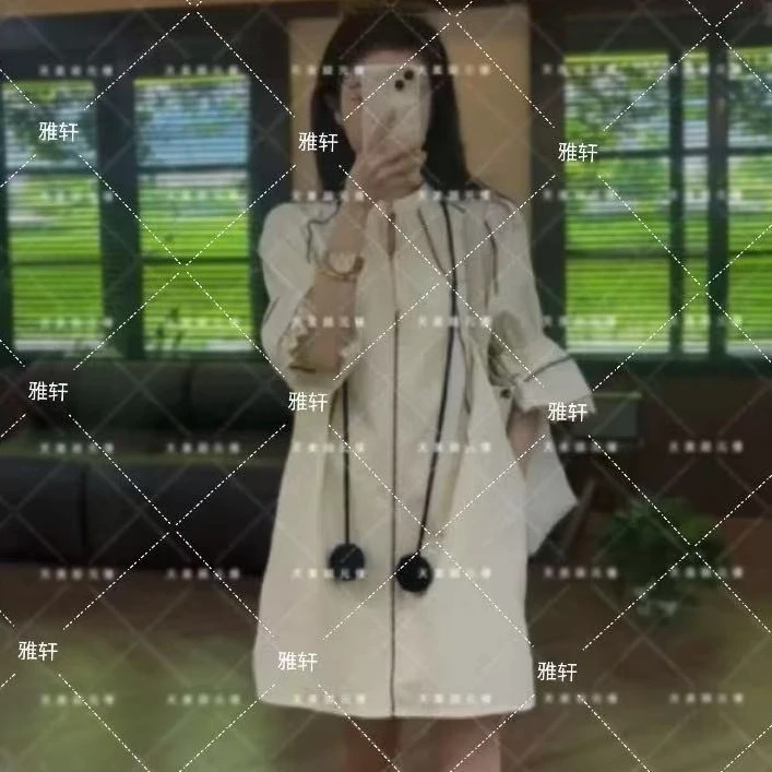 【现货】【雅轩】25059走秀款条纹v领套头连衣裙 象牙白