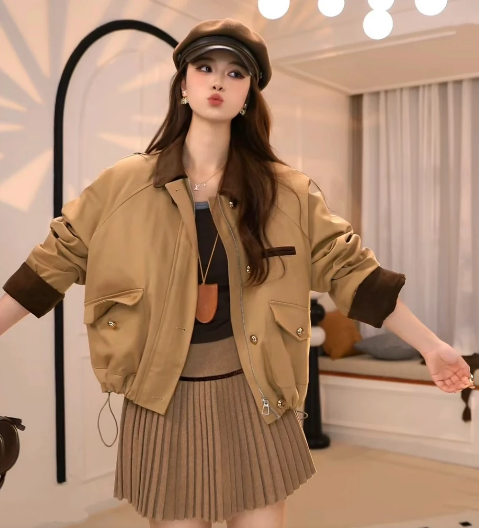 露丝同款巴恩风千金可露丽美式复古夹克棕色翻领撞色短外套秋冬女