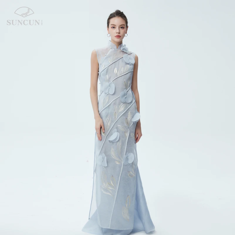 三寸盛京刹那万春蝴蝶兰立体剪裁刺绣中式桑蚕丝旗袍