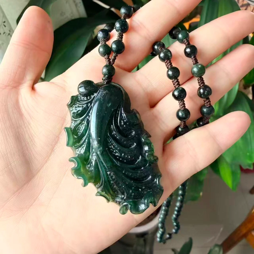 天然玉石吊坠 百财聚来 带珠链 天然岫玉吊坠挂件绿色复古白菜