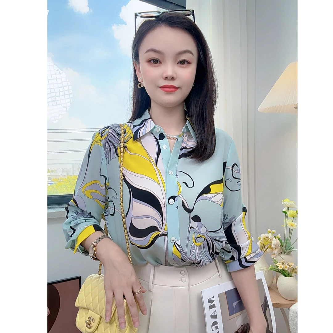 【灿灿】真丝桑蚕丝双绉长袖衬衫女春秋2025年新款时尚印花职业上衣