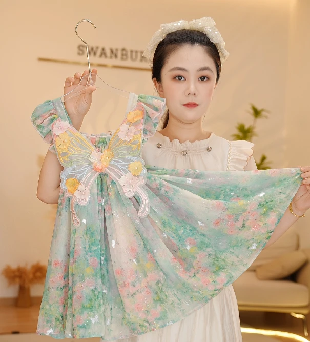 【Y.d3930】2025新款女童蝴蝶结连衣裙女宝公主裙国风女碎甜美夏季