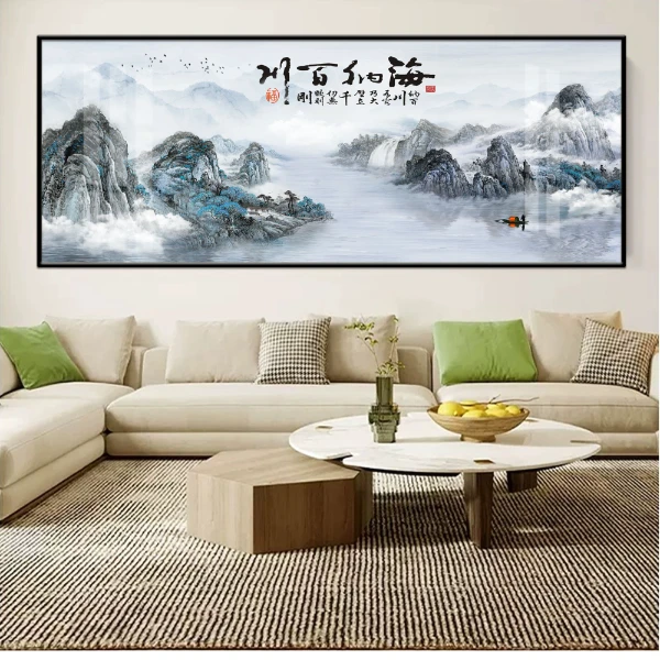 晶瓷镶钻装饰画办公室背景画海纳百川装饰画挂画客厅山水山水画