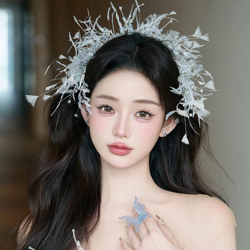 SG296款新娘水晶串珠发箍羽毛花环仙美森系大气高级皇冠结婚纱