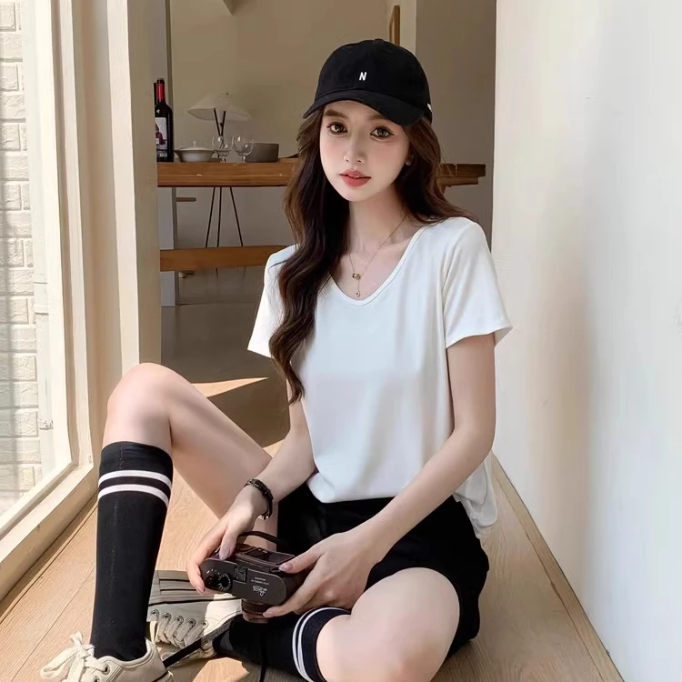 260g慵懒风亲肤V领短袖T恤女夏季新款韩系宽松显瘦基础上衣打底衫