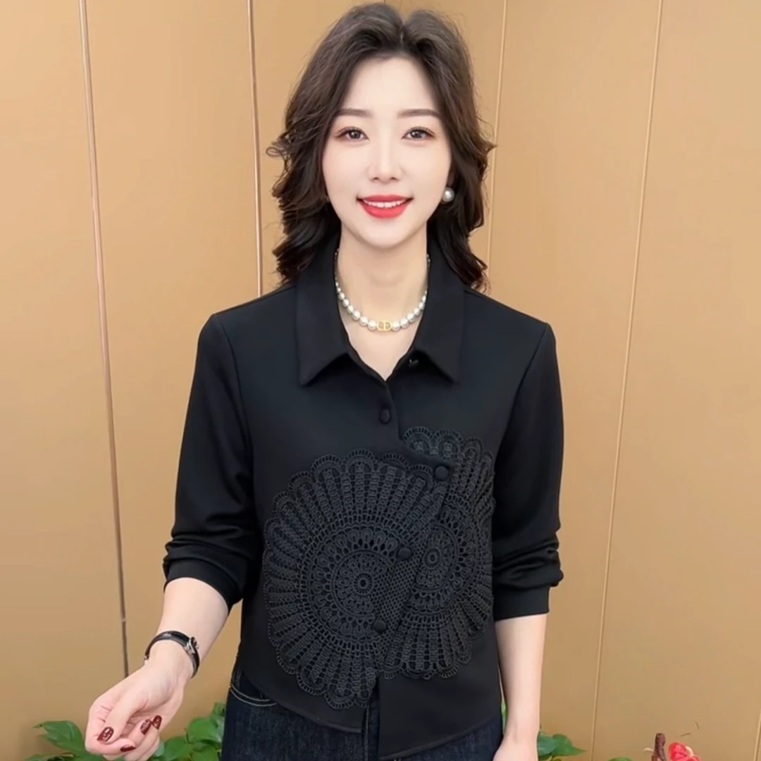 秋季新款时尚翻领蕾丝拼接洋气妈妈装中式气质休闲长袖上衣K2579