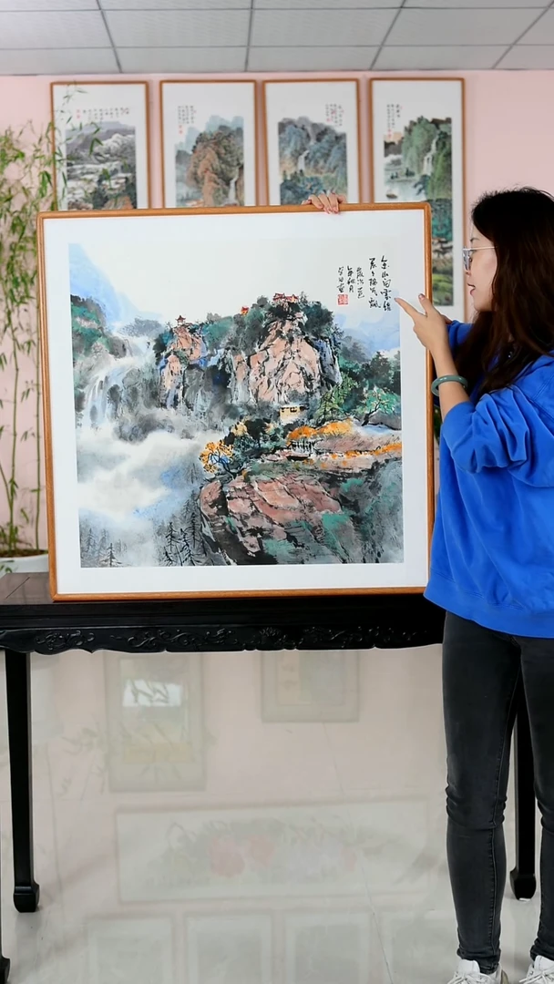 国画王学田《金山白云绕》手绘带框82*82厘米