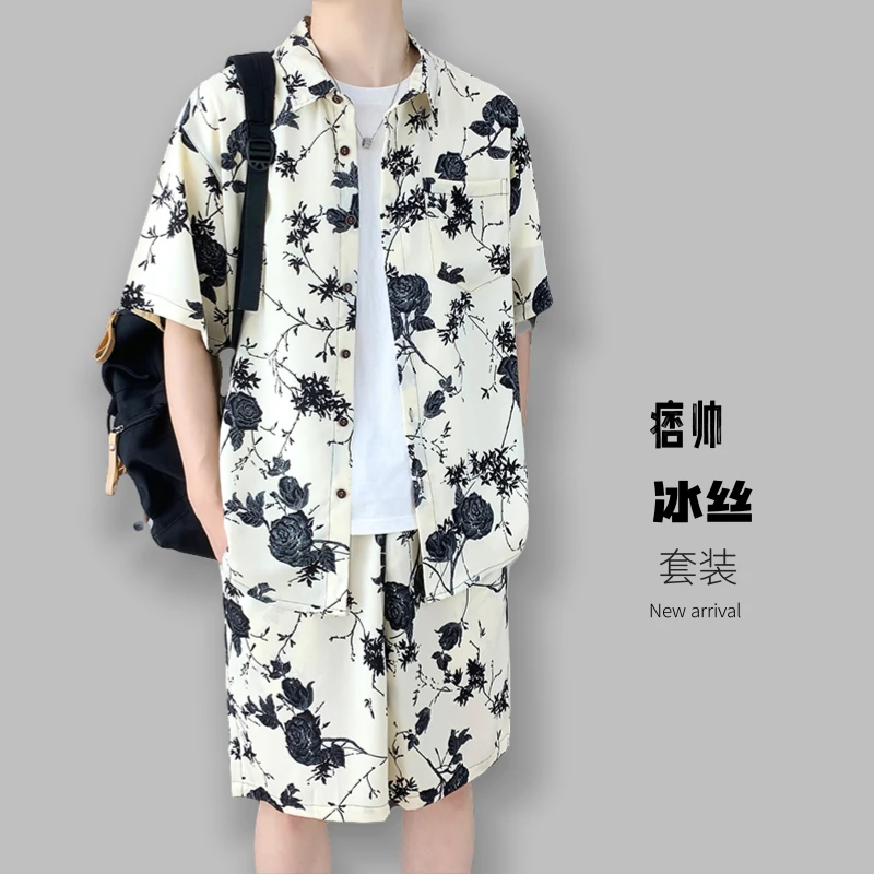 冰丝时尚休闲套装男士夏季潮流宽松痞帅花衬衫短袖短裤两件套男装