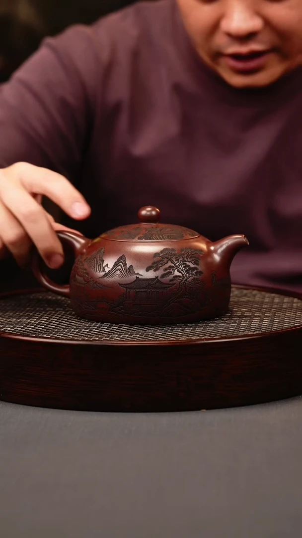茶壶紫砂石红 半月 刻绘