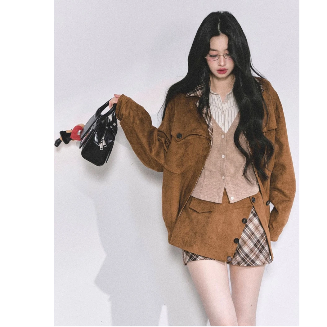 miu系模范生 法式赫本风套装女两件套秋季宽松外套格子短裙
