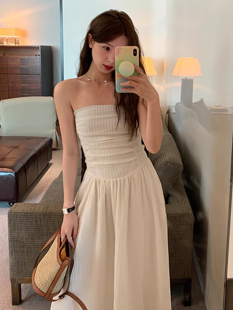 小个子版抹胸压褶高腰显瘦连衣裙2025早春新款韩系千金风盐系裙子