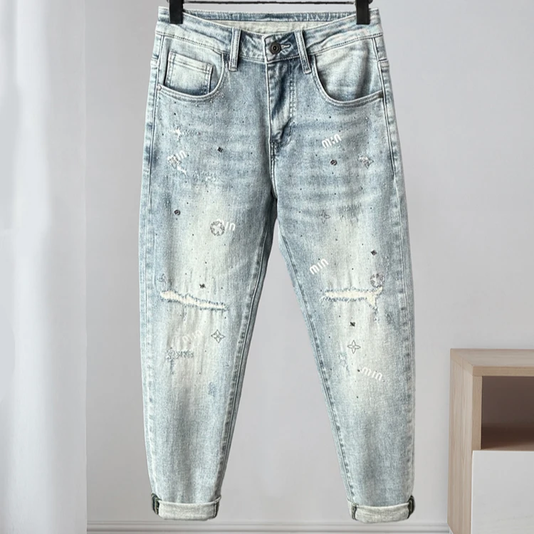 欧货烫钻新款男士弹力牛仔裤男修身潮牌春季薄款破洞小脚牛分裤潮